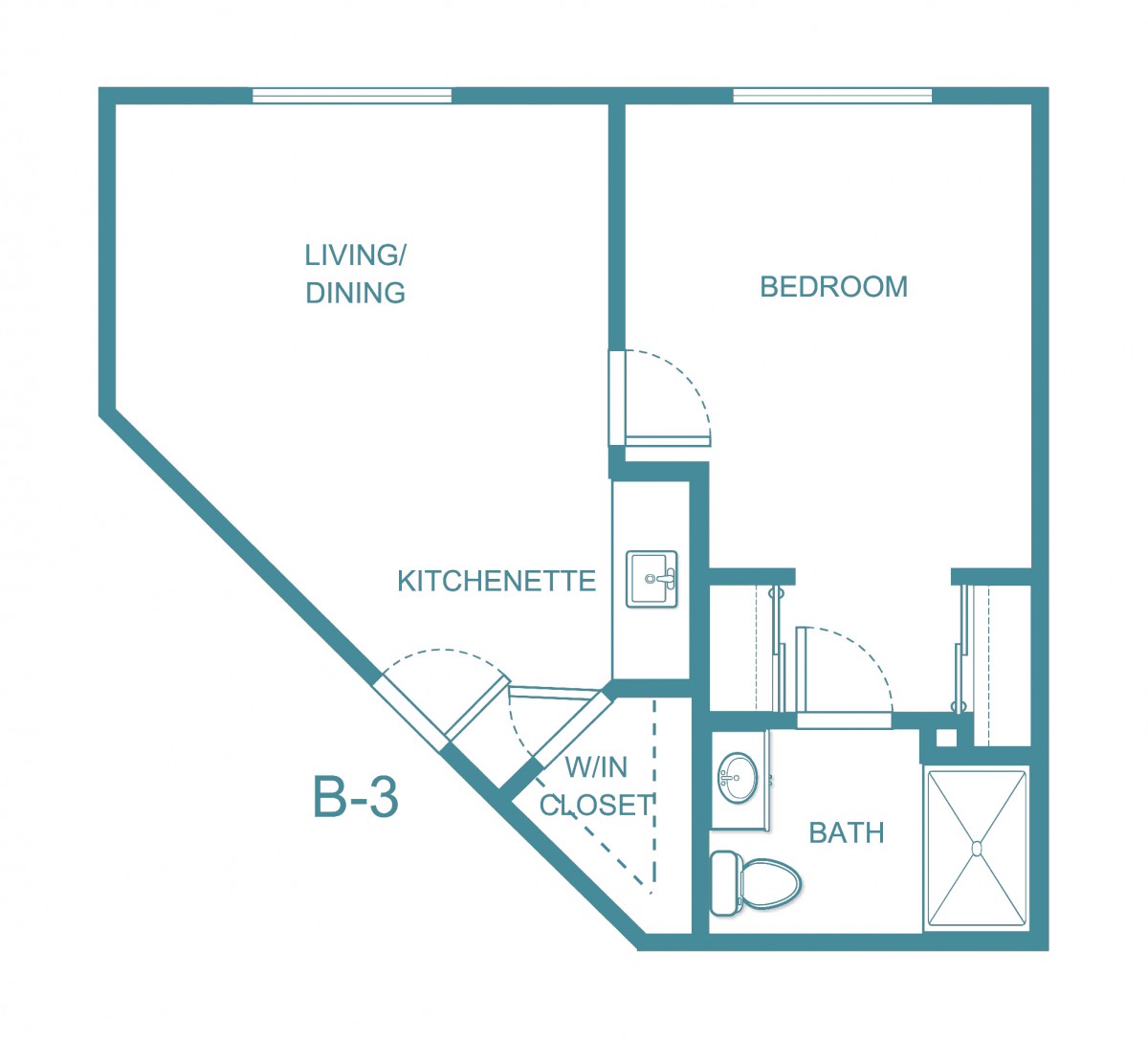A simple floor plan with living/dining area, bedroom, kitchenette, and bathroom.