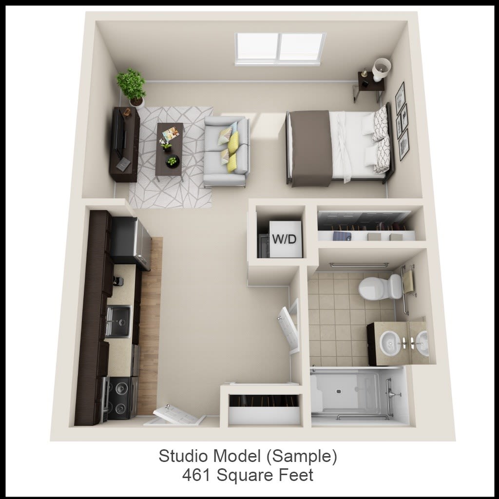 A 3D floor plan of a 461 square foot studio apartment, showcasing the layout with furniture and separate spaces for sleeping, living, and cooking.