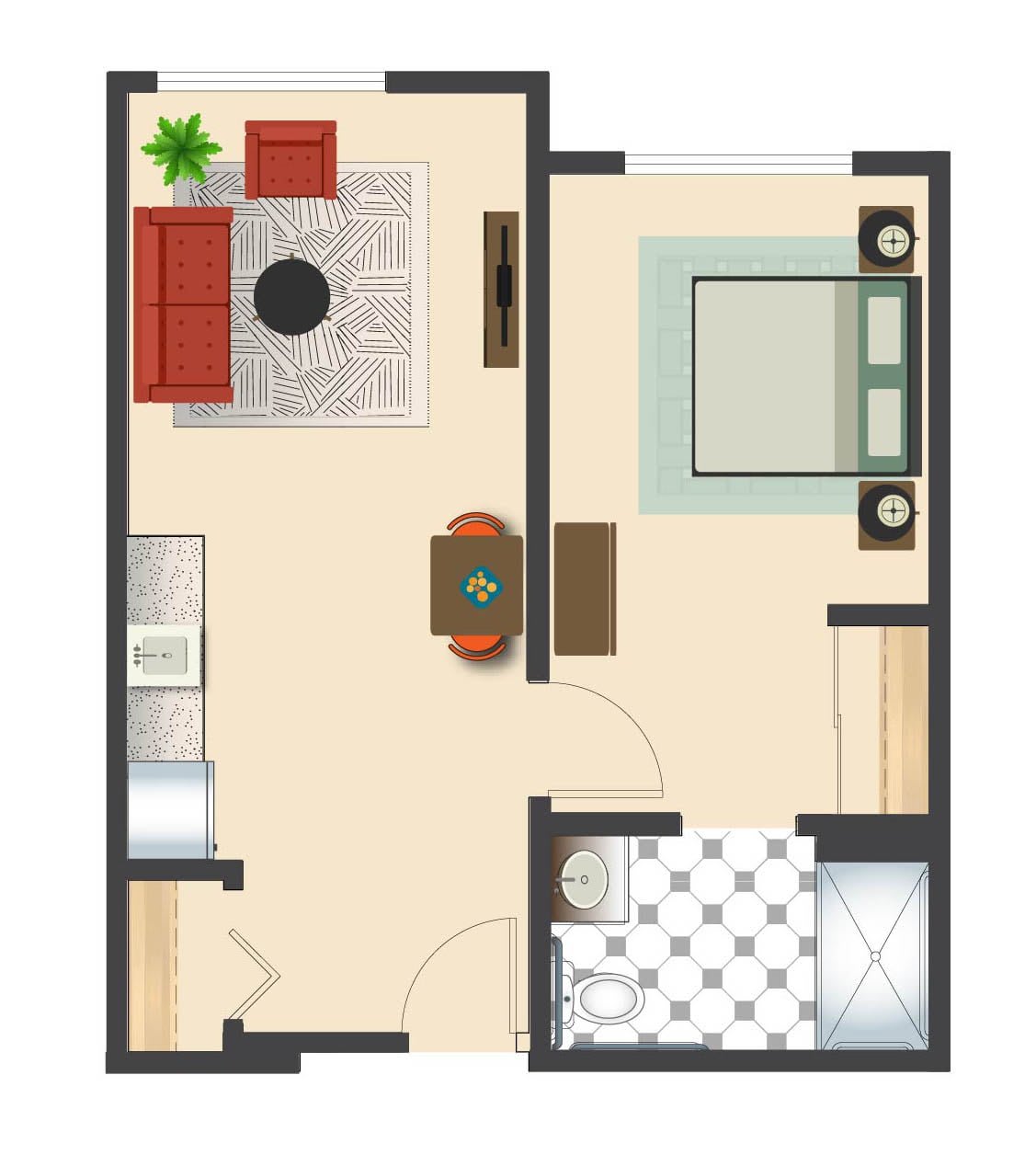 A detailed floor plan of a small apartment featuring a living room, bedroom, and bathroom.