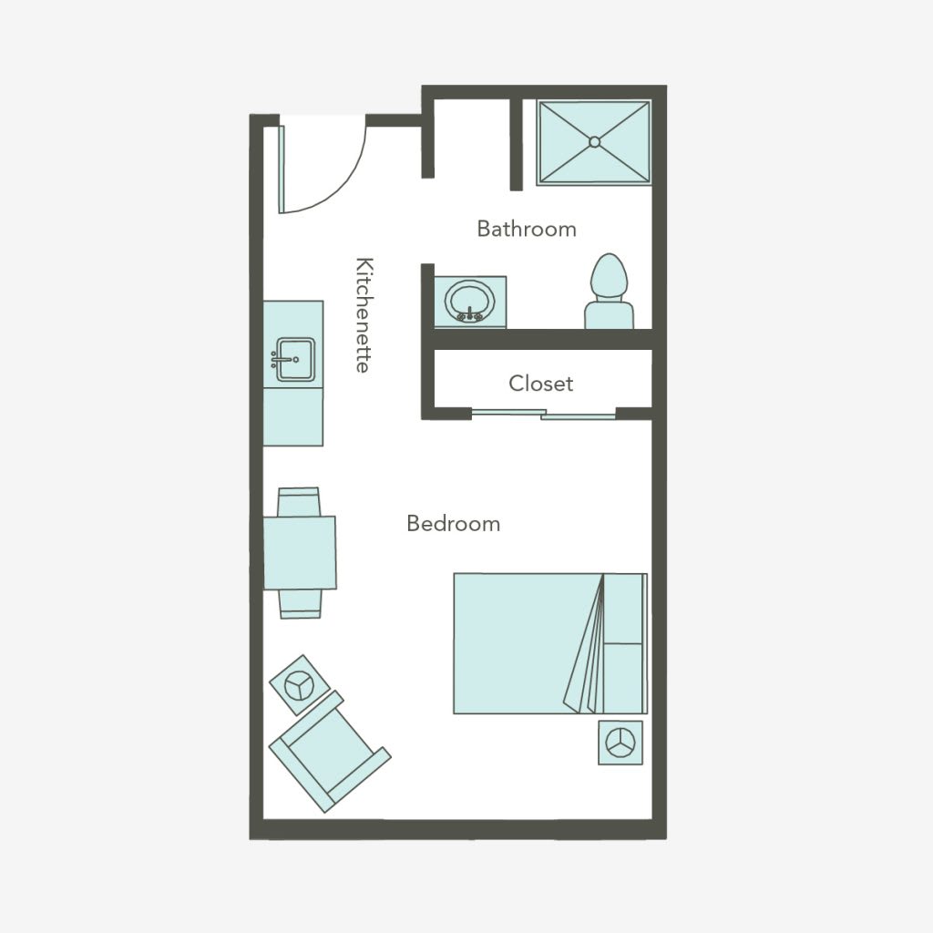 A simple floor plan of a studio apartment featuring a bedroom area, bathroom, closet, and living space.