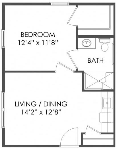 A simple floor plan showing an apartment layout with a bedroom, bathroom, and combined living/dining area.