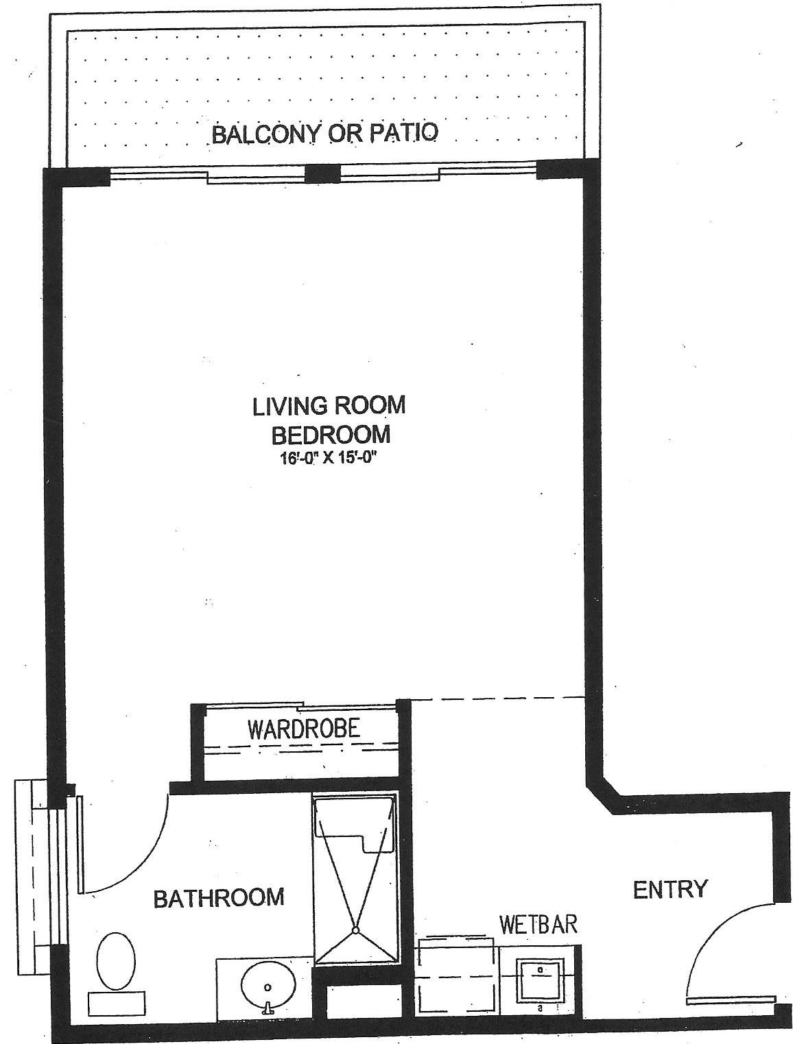 A floor plan of a studio apartment featuring a combined living and sleeping area, bathroom, balcony or patio, and entryway.