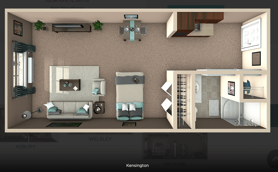 A 3D rendered floor plan of a modern apartment, showcasing the layout and furniture arrangement.