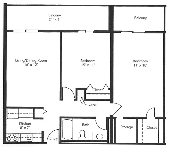 A detailed floor plan of a two-bedroom apartment with designated areas for living/dining, kitchen, bathroom, closets, and balconies.