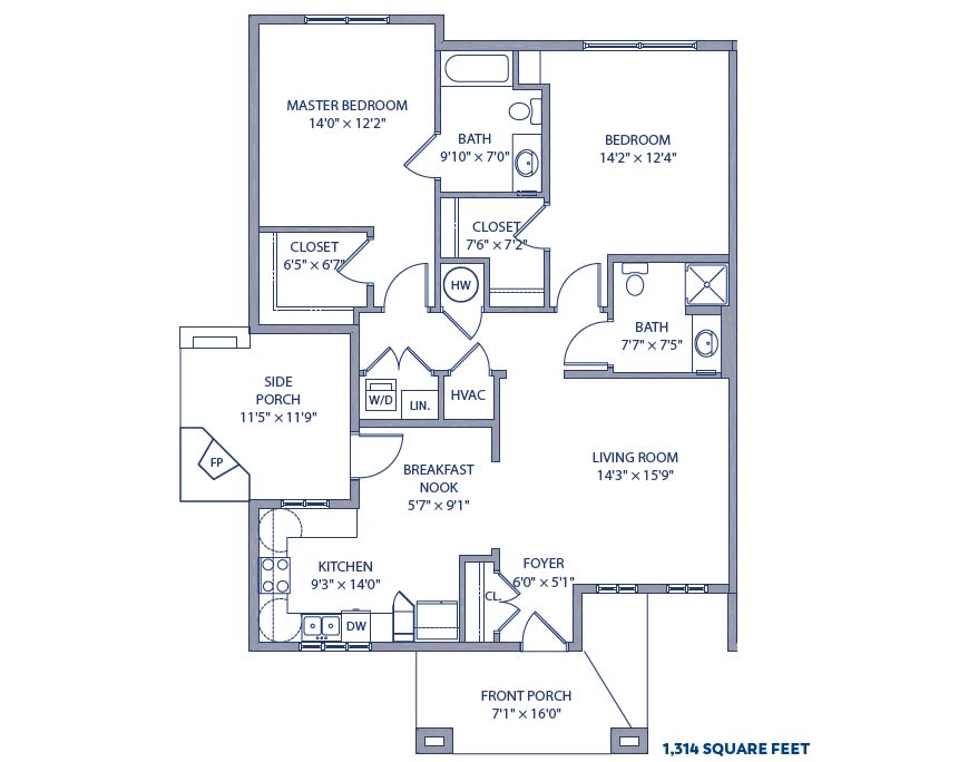 A detailed floor plan of a two-bedroom apartment featuring a kitchen, living room, and bathrooms.