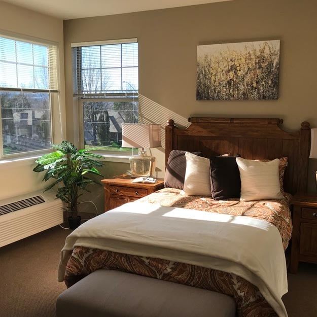 A cozy bedroom with natural light streaming through the windows, featuring a neatly made bed and a potted plant by the side.