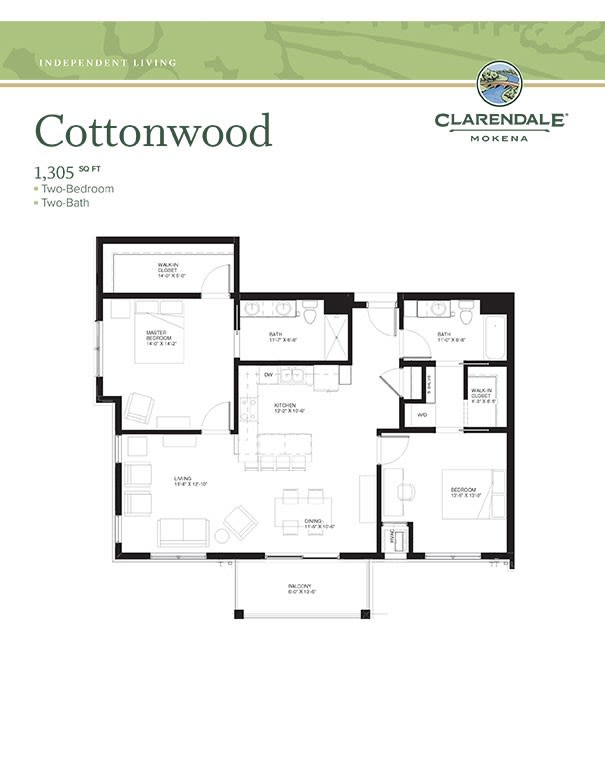 Floor plan of the Cottonwood apartment with two bedrooms, designed by Clarendale.