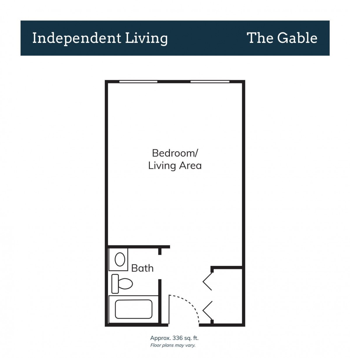 Floor plan of a studio apartment labeled 'The Gable' for independent living.
