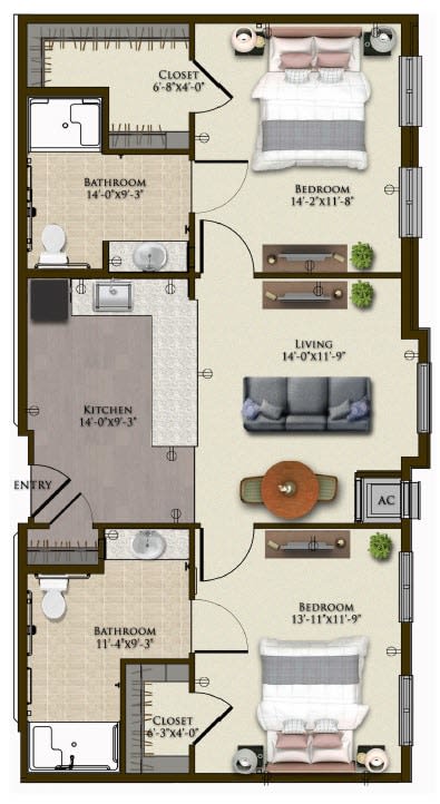 A detailed floor plan of a two-bedroom apartment with designated spaces for living room, kitchen, and bathrooms.