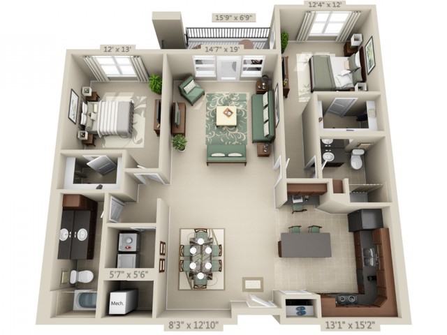 A detailed floor plan of a two-bedroom apartment featuring a living room, kitchen, dining area, and bathroom.