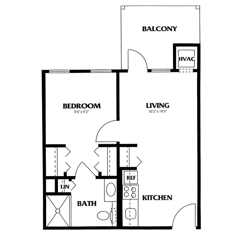 A floor plan of a one-bedroom apartment featuring a living area, kitchen, bathroom, and balcony.