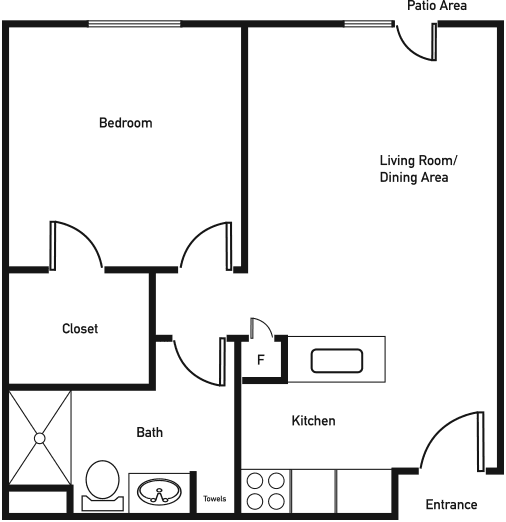 A simple one-bedroom apartment floor plan with a living room, kitchen, and bathroom.