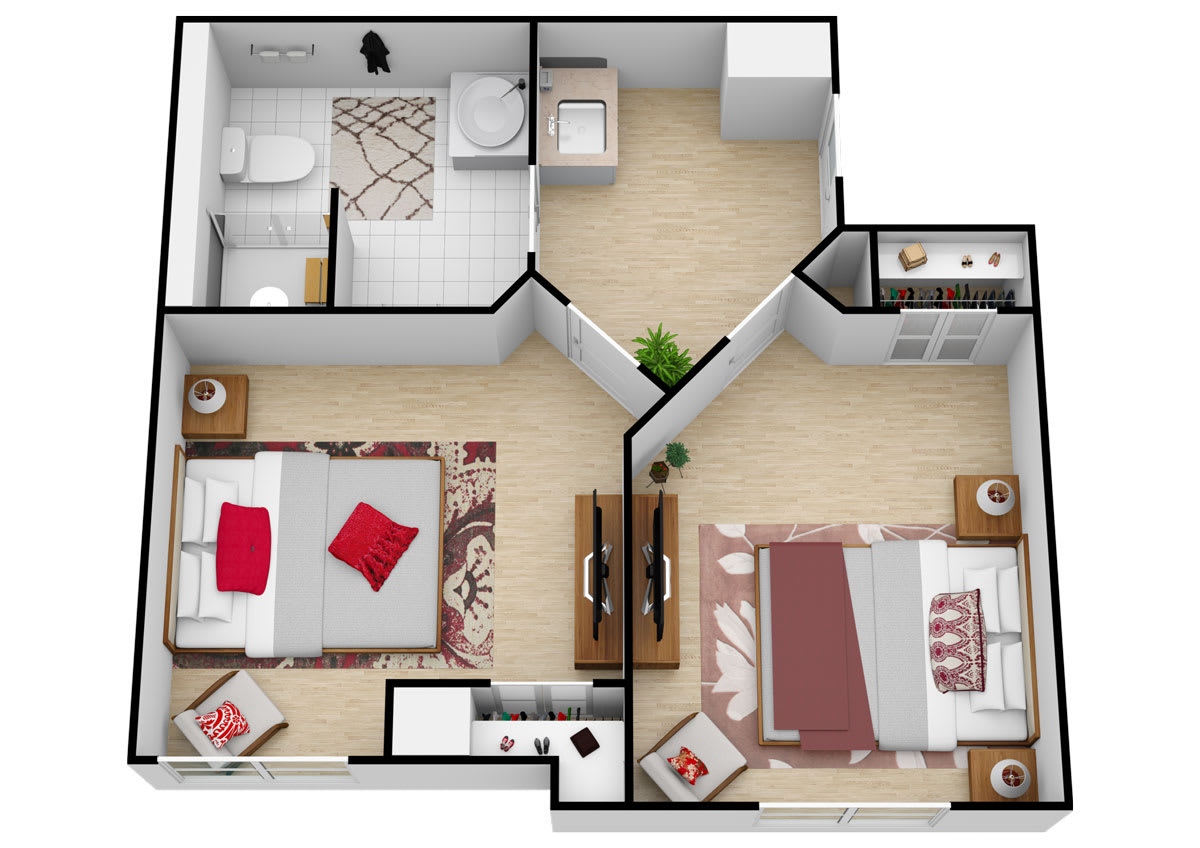 A floor plan of a two-bedroom apartment featuring a living area, kitchen, and bathroom.