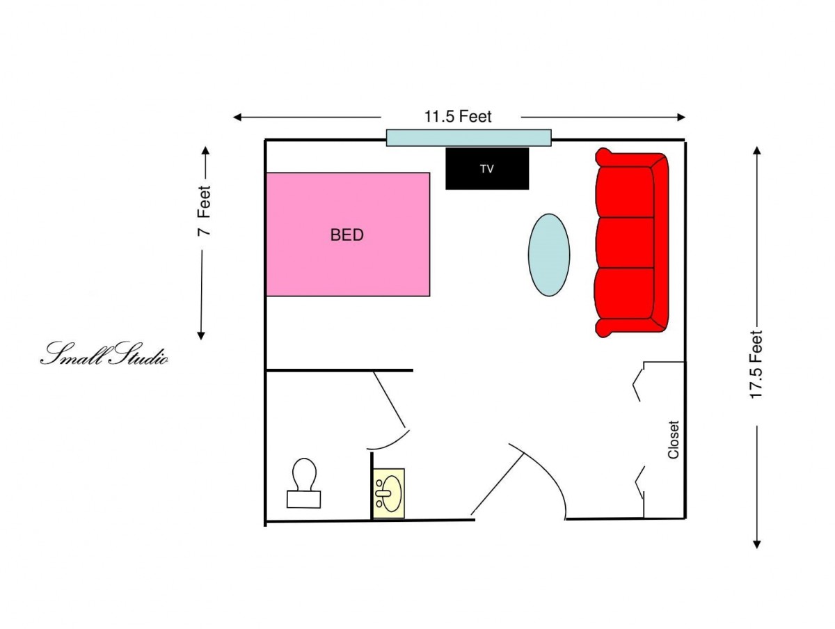Studio apartment floor plan with furniture layout.