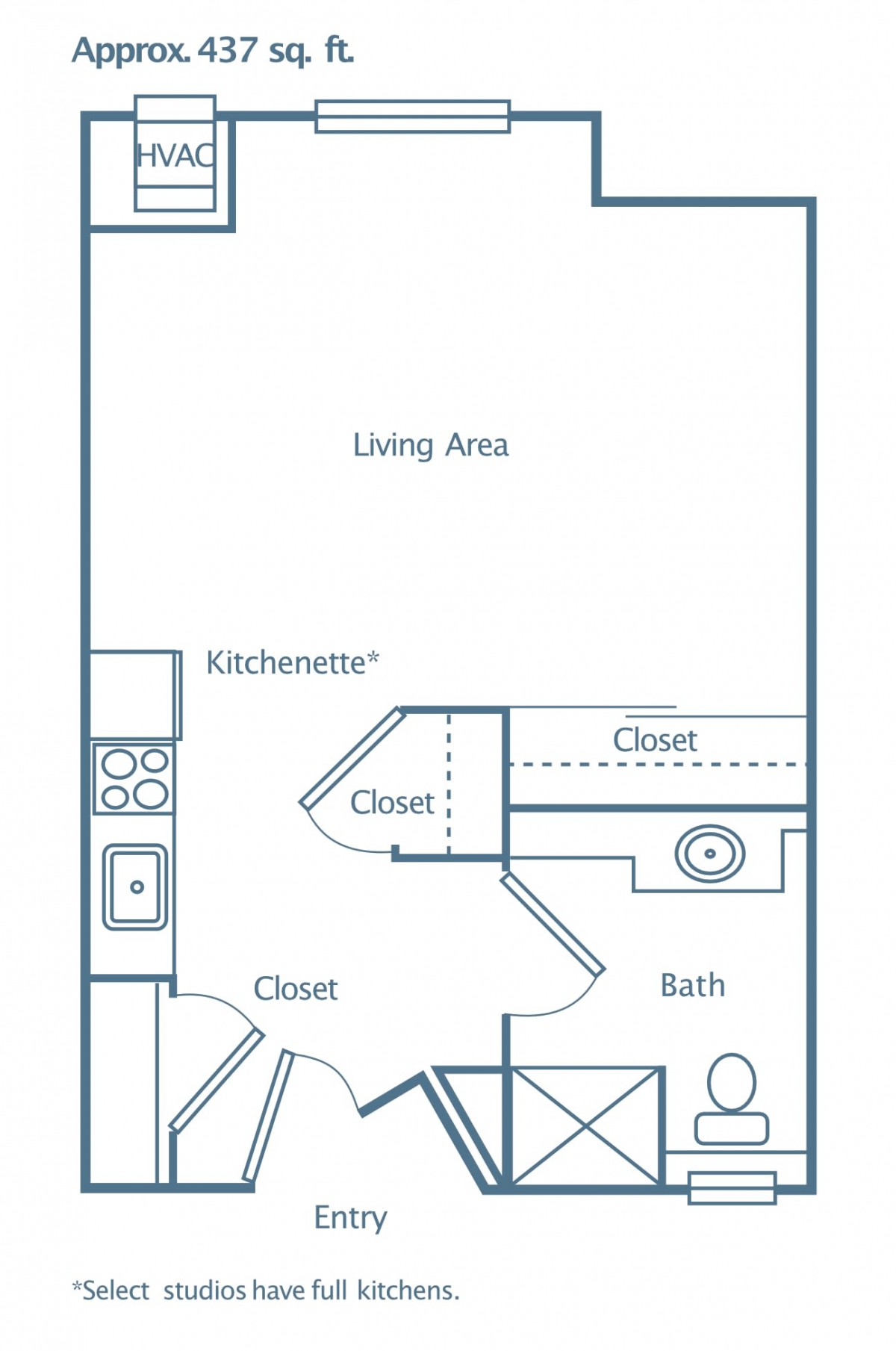 Floor plan of a studio apartment with a living area, kitchenette, bathroom, and closets.