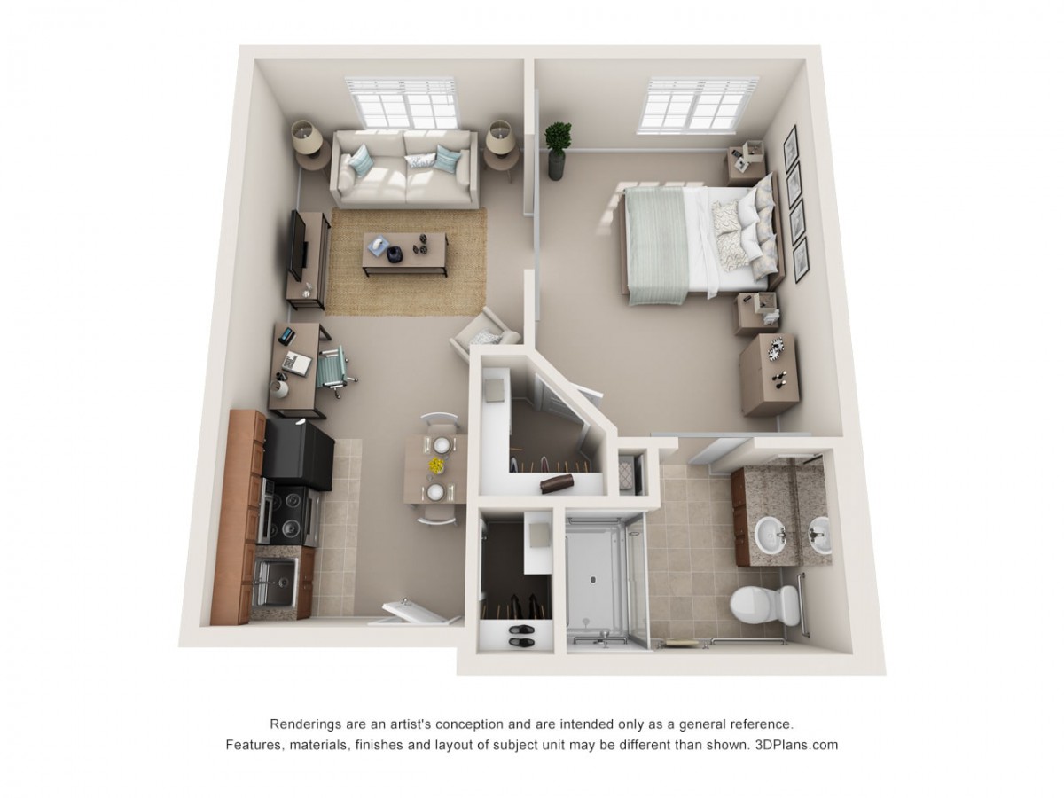 A 3D floor plan of a one-bedroom apartment featuring a living area, kitchen, bedroom, and bathroom.
