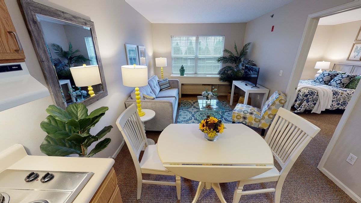 A cozy living and dining area with a stylish interior, featuring a sofa, dining table, and decorative plants.