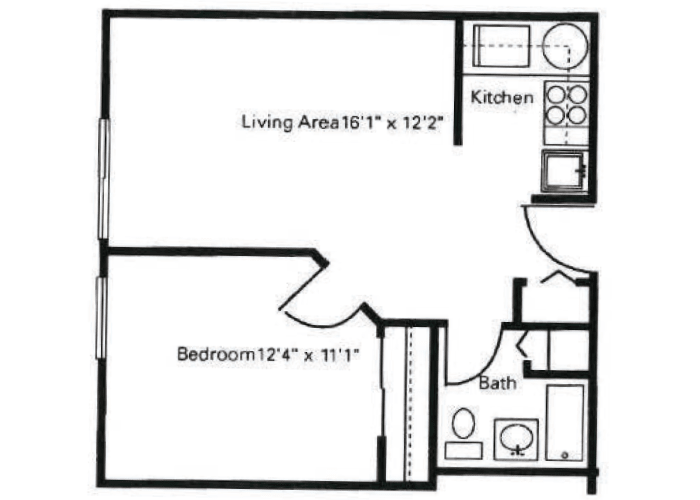 A floor plan of a one-bedroom apartment featuring a living area, kitchen, bedroom, and bathroom.