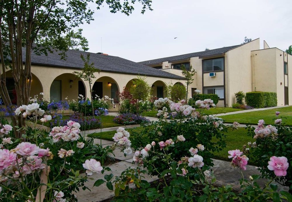 A beautiful garden with blooming flowers in front of an arched building.
