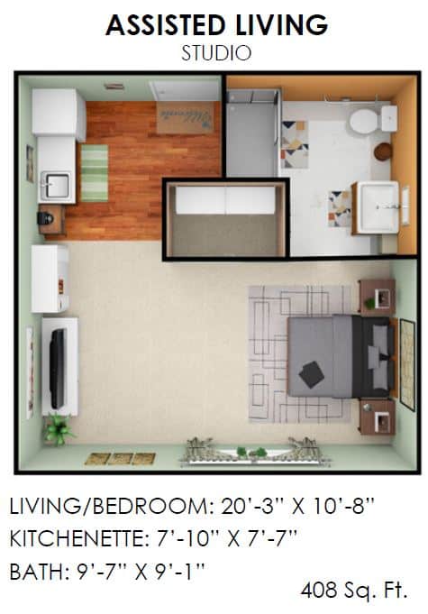 Studio apartment floor plan featuring a combined living and bedroom space, kitchen, and bathroom.