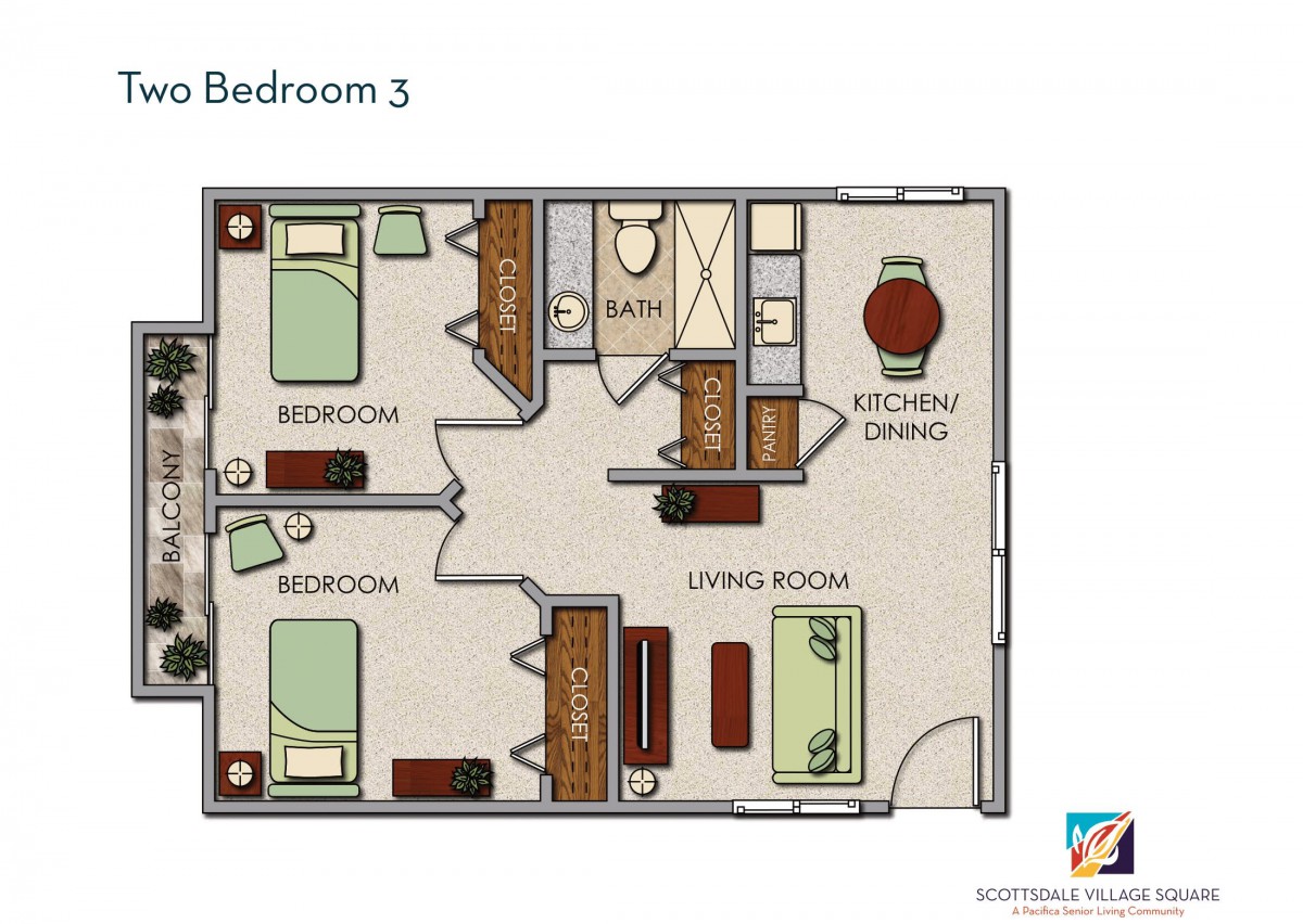 A floor plan layout for a three-bedroom apartment, featuring a living room, kitchen/dining area, and bathroom.