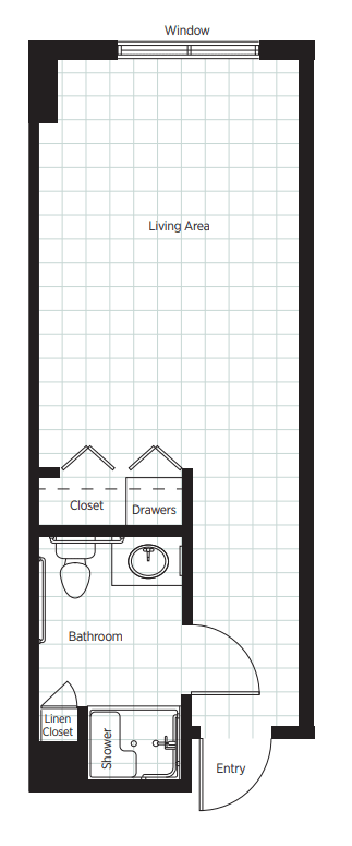 A simple floor plan featuring a bathroom with labeled closet and drawers.