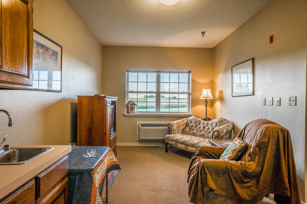 A cozy living room with a sofa, window view, and warm lighting.