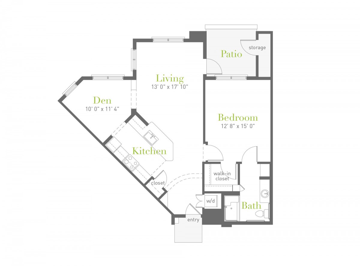A floor plan showing an apartment layout with labeled rooms including a den, kitchen, living area, balcony, bedroom, and bath.