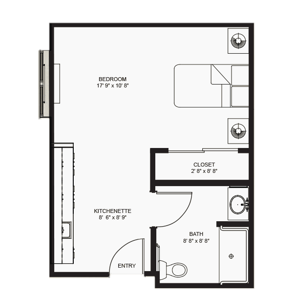 A floor plan of a studio apartment, featuring a main living area, bathroom, and closet.