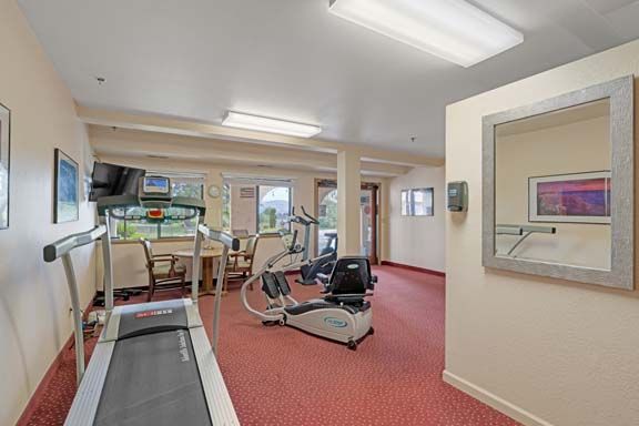 A compact gym with exercise machines, including a treadmill, in a well-lit room.