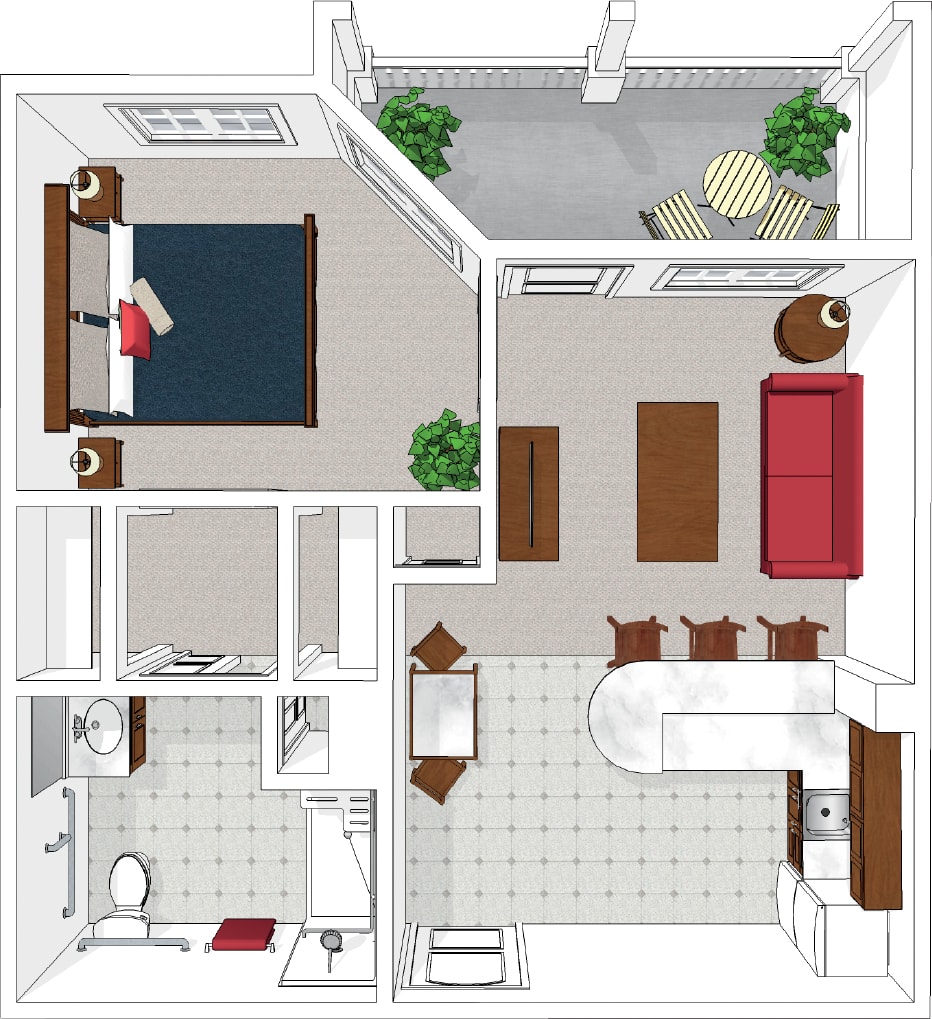 A detailed floor plan of a one-bedroom apartment featuring a living area, kitchen, bathroom, and balcony.