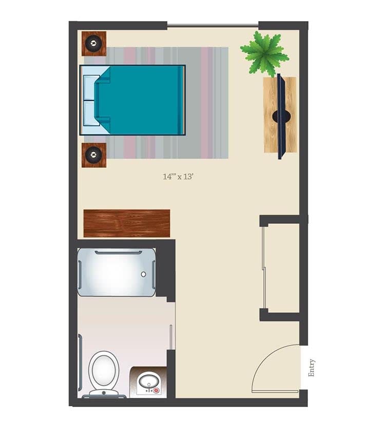 A simple floor plan of a small bedroom with a bed, TV, and bathroom.