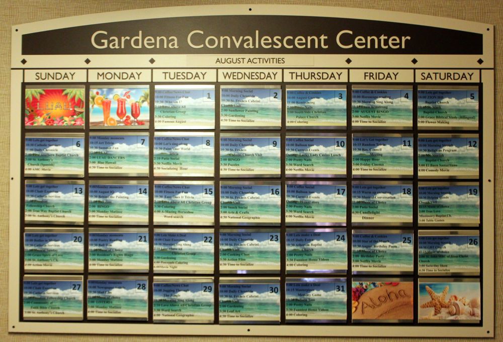 Weekly activity schedule at Gardena Convalescent Center.