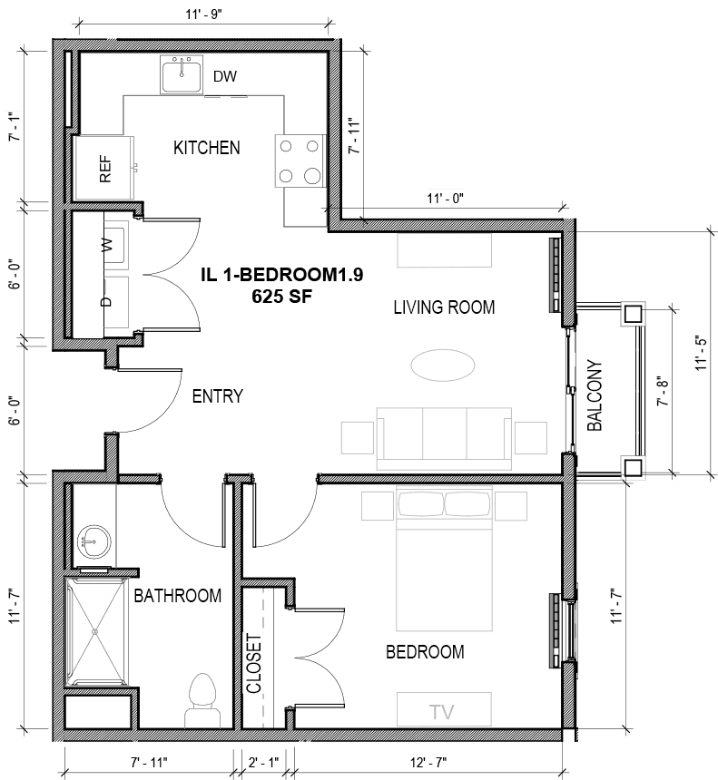 A detailed floor plan illustrating the layout of a residential space, including labeled rooms and furniture placement.