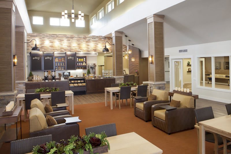 A modern lobby with comfortable seating and contemporary decor.