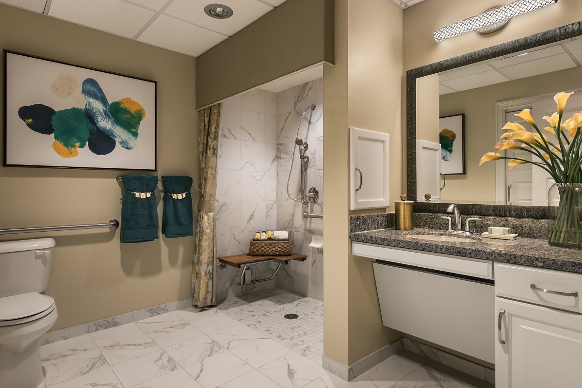 A modern, accessible bathroom with a spacious shower area and elegant decor.