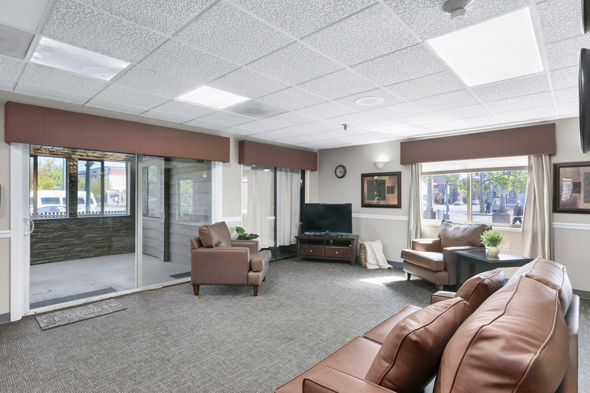A cozy living room with sofas, a TV, and large windows allowing natural light.