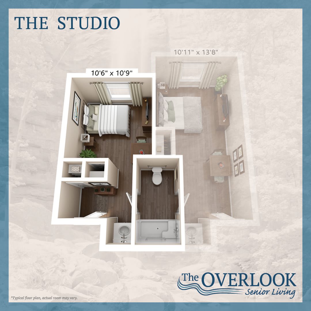 Studio apartment floor plan at The Overlook Senior Living community.