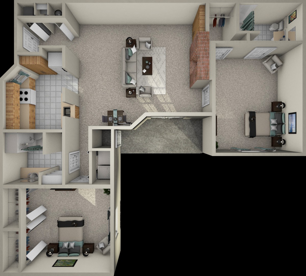 A 3D rendered floor plan of an apartment showcasing multiple rooms and interiors.