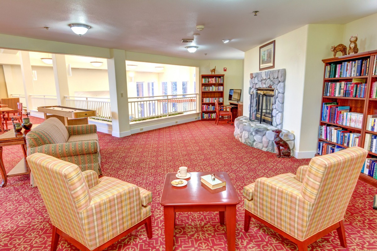 A cozy lounge area featuring comfortable chairs, a fireplace, and a bookshelf.