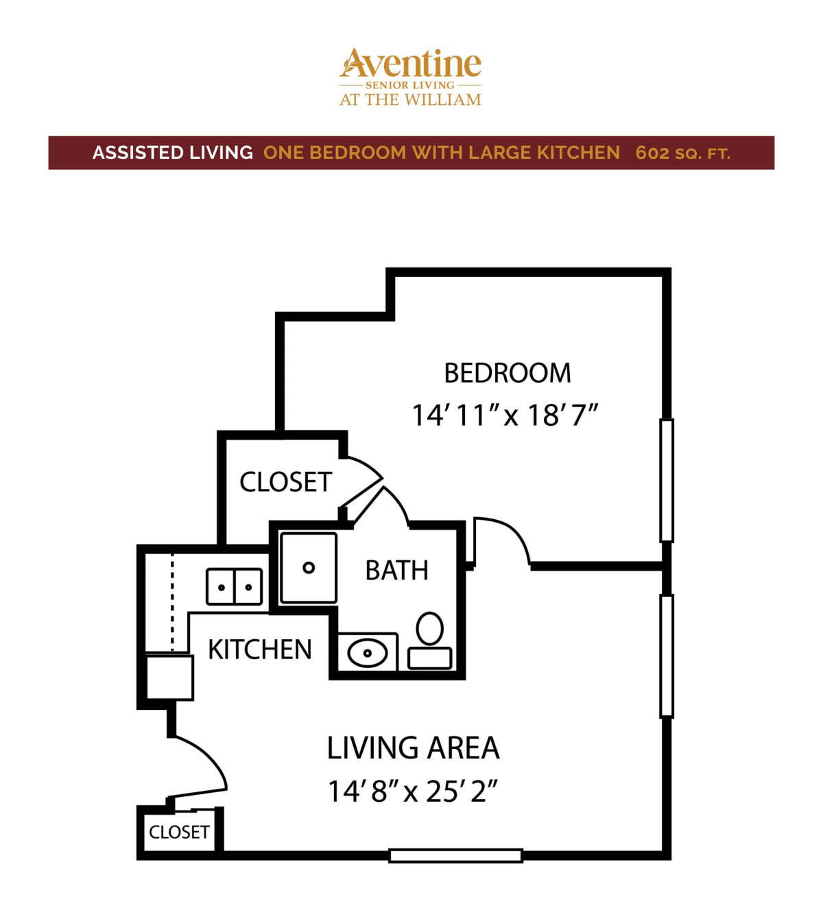 Floor plan of a one-bedroom assisted living apartment with designated areas for kitchen, bathroom, and living space.