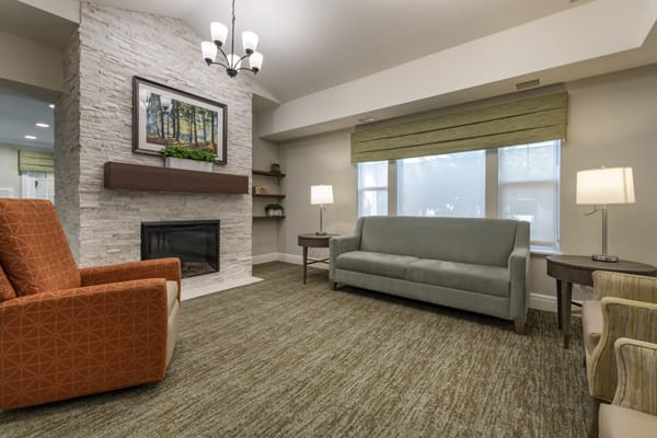 A cozy living room with a fireplace and modern furnishings.
