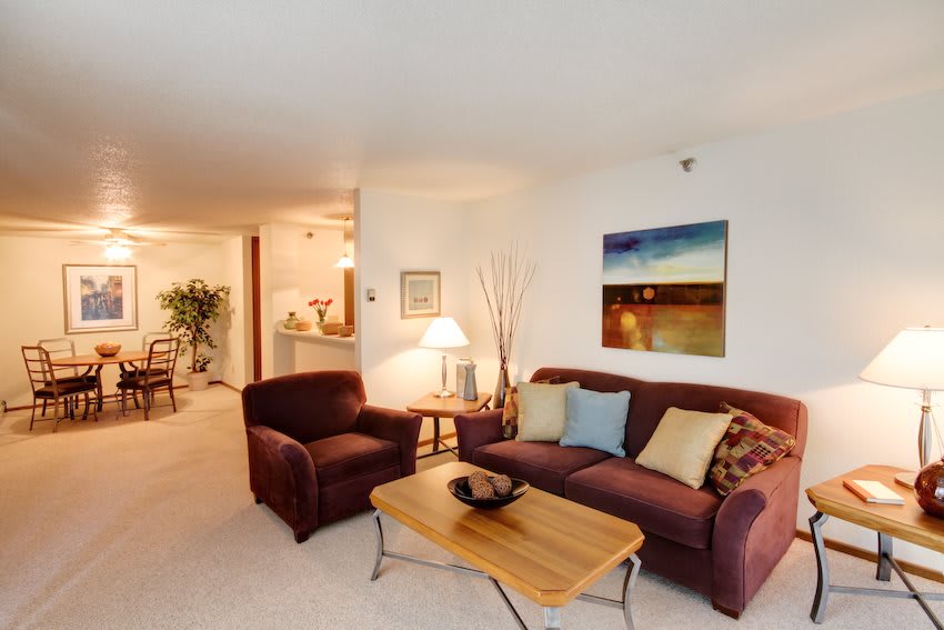 A cozy living room featuring a sofa with cushions, a wooden coffee table, and wall artwork.
