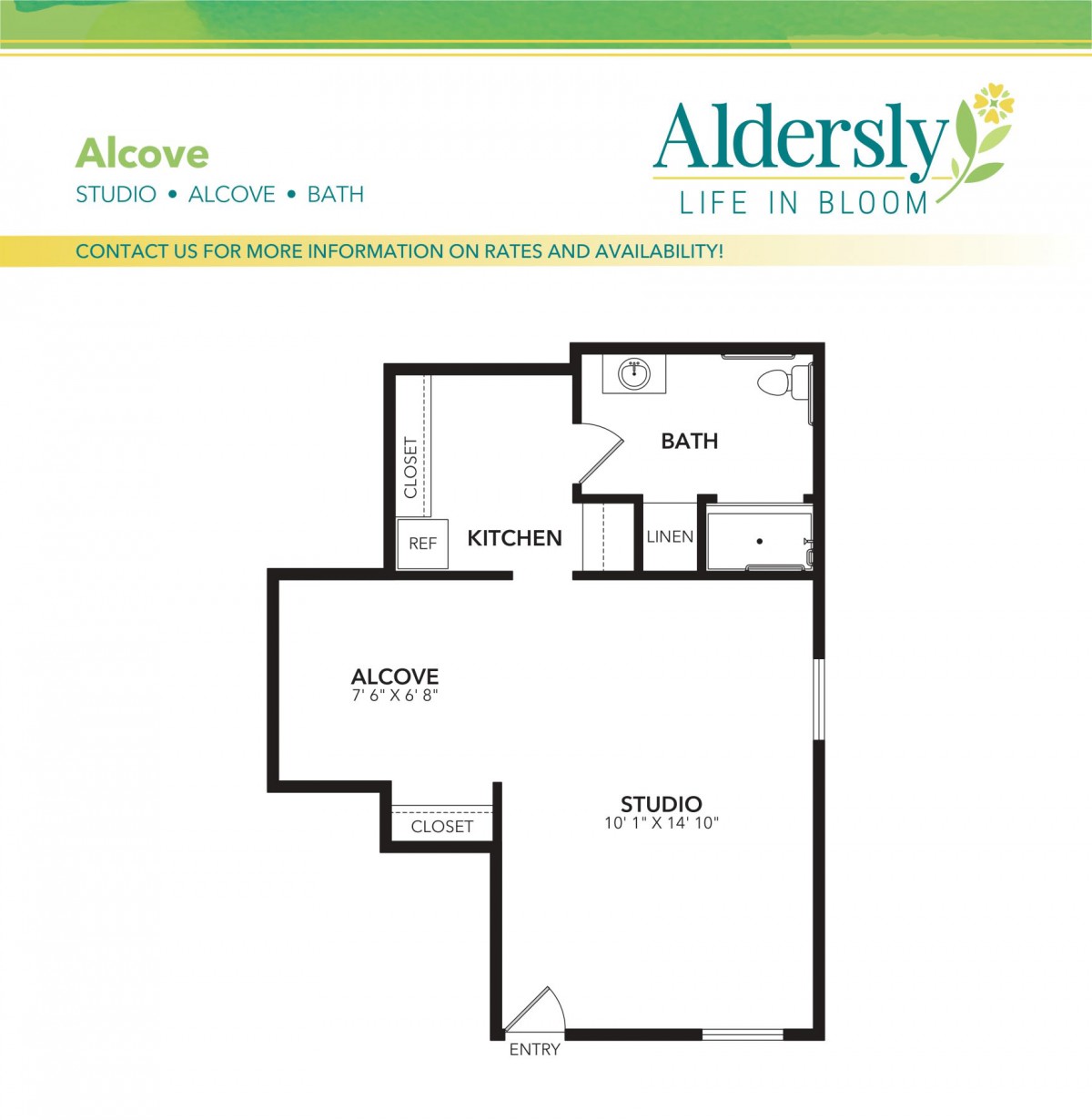 Floor plan of a studio apartment at Aldersly, featuring a single room layout with designated areas for kitchen, living space, and bathroom.
