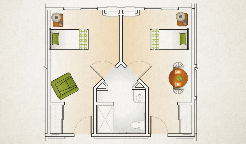 A floor plan of a two-bedroom apartment with furnishings.