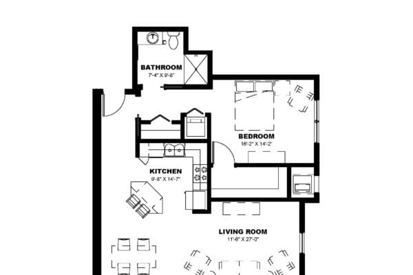 A floor plan showing a one-bedroom apartment with a living room, kitchen, and bathroom.