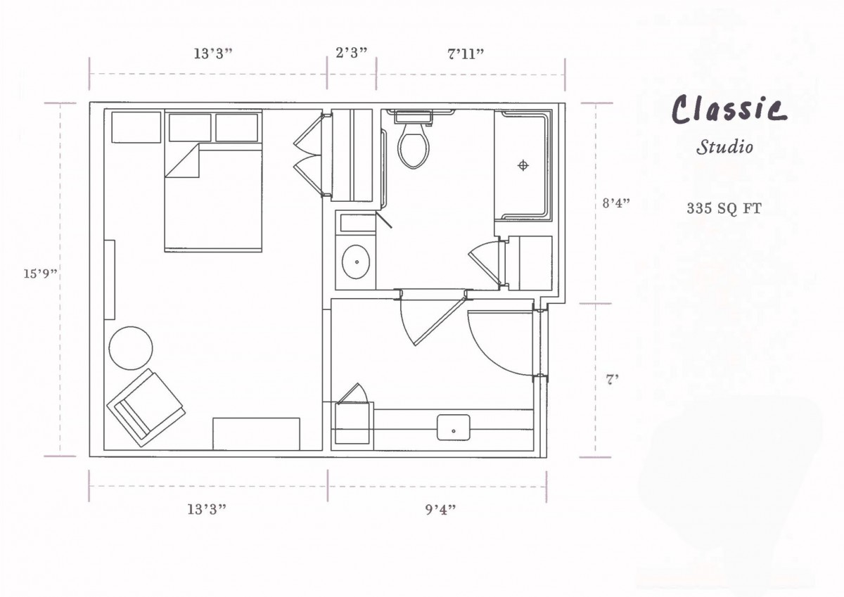 A detailed floor plan showcasing the layout and measurements of a small living space.