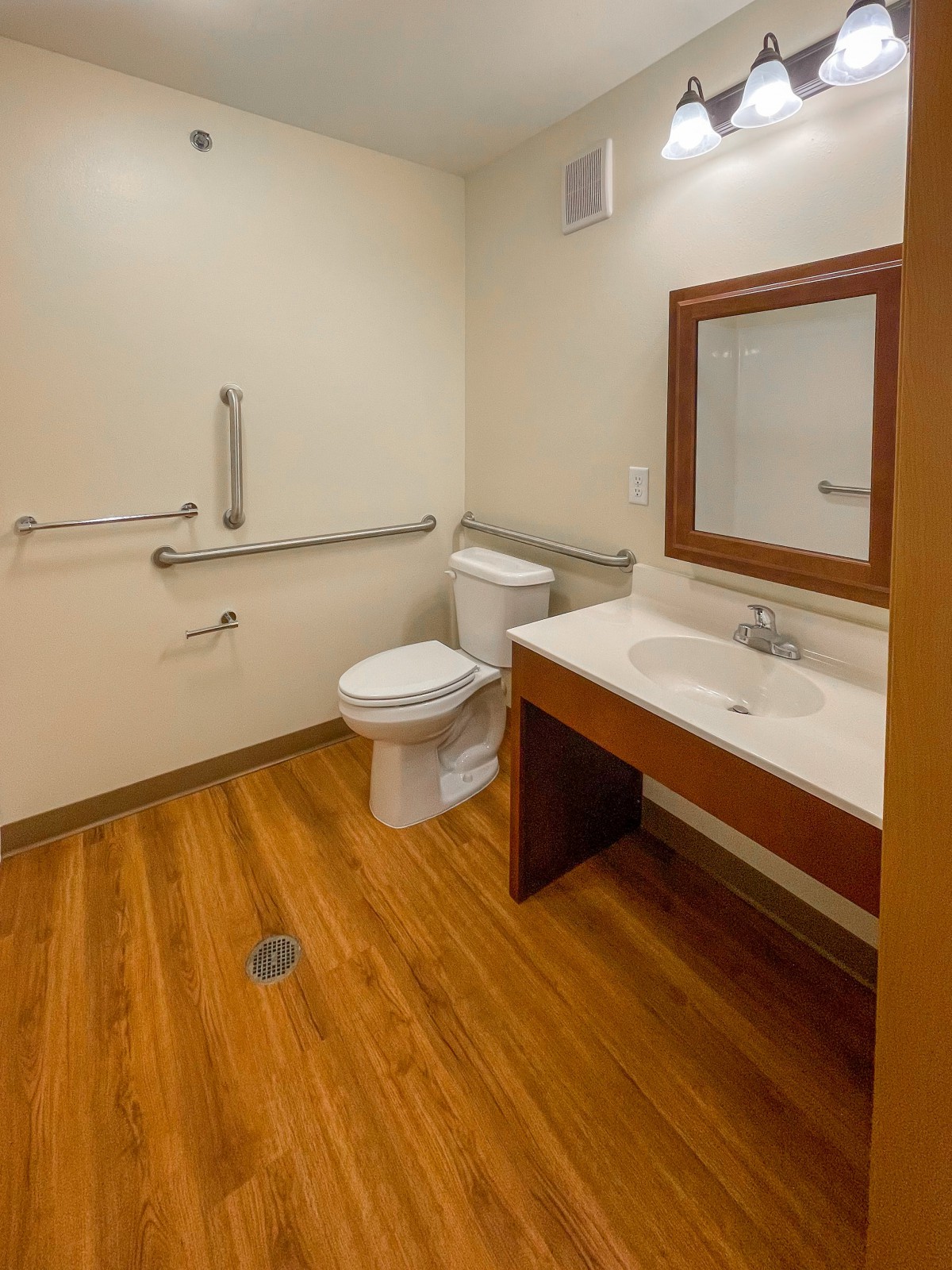 An accessible bathroom with a toilet, sink, mirror, and grab bars on wood flooring.