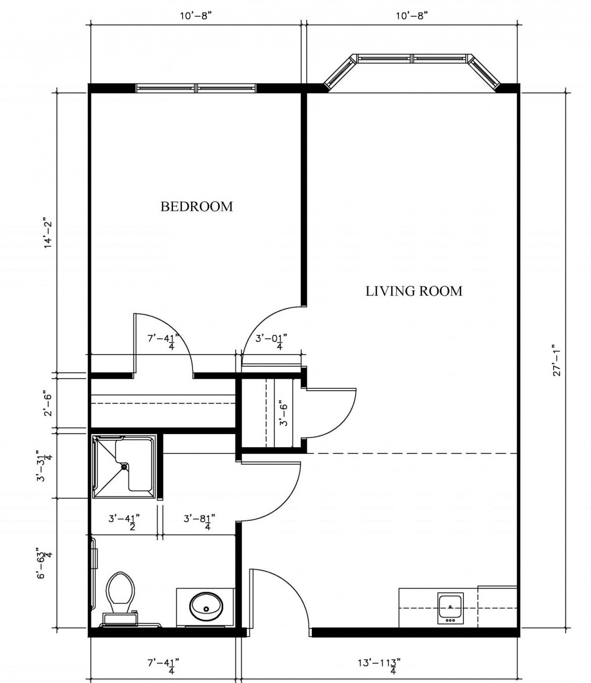 A detailed floor plan of an apartment featuring a bedroom, living room, kitchen, and bathroom.