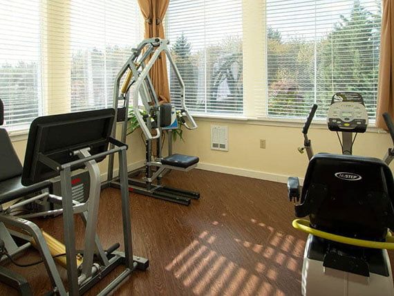 A home gym area with various exercise equipment and natural lighting.